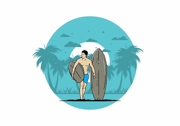 The shirtless man holding surfboard illustration