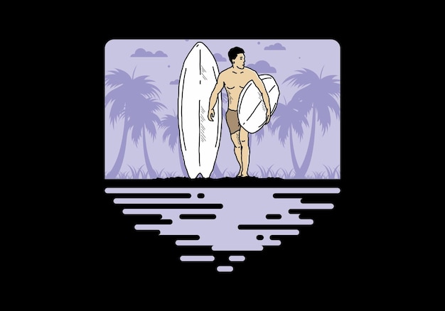 The shirtless man holding surfboard illustration