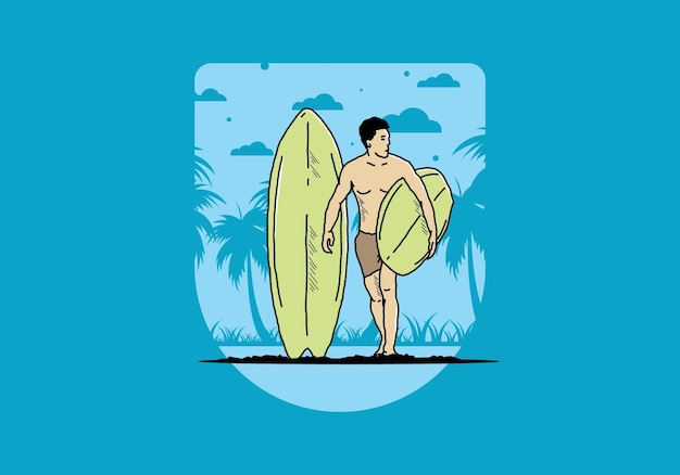 L'uomo a torso nudo che tiene l'illustrazione della tavola da surf