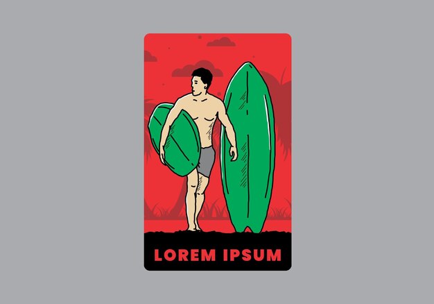 The shirtless man holding surfboard illustration