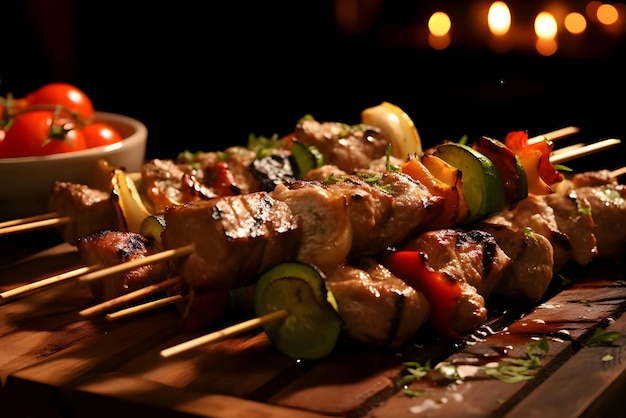 Shish kebab on the grill grilled meat with vegetables shashlik kebab on skewers wooden kitchen board