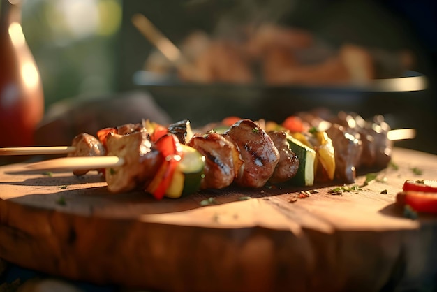 Shish kebab on the grill grilled meat with vegetables shashlik kebab on skewers wooden kitchen board