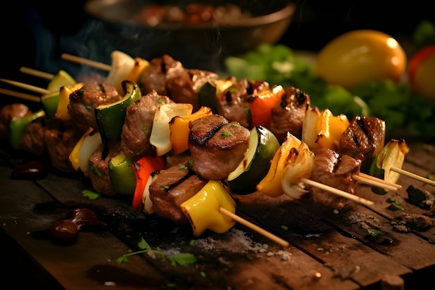 Vector shish kebab on the grill grilled meat with vegetables shashlik kebab on skewers wooden kitchen board