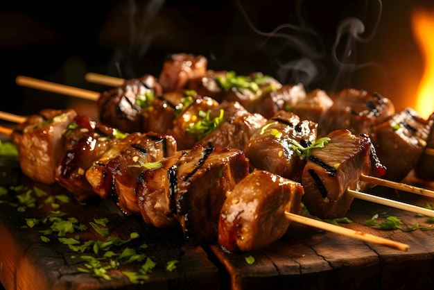 Vector shish kebab op de grill gegrild vlees met groenten shashlik kebab op spiesjes houten keukenbord