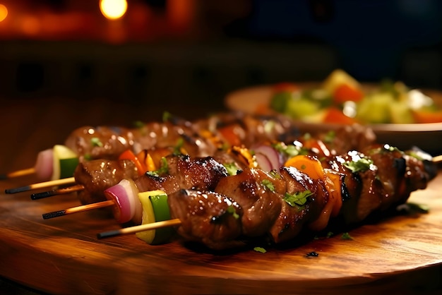 Vector shish kebab op de grill gegrild vlees met groenten shashlik kebab op spiesjes houten keukenbord