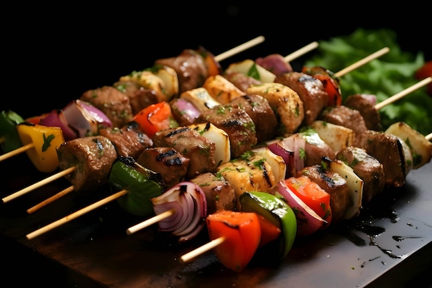 Vector shish kebab op de grill gegrild vlees met groenten shashlik kebab op spiesjes houten keukenbord