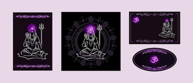 Shiva Hindu god blessing with trident Shiny crown chakra Aum symbol floral frame Modern hand drawn