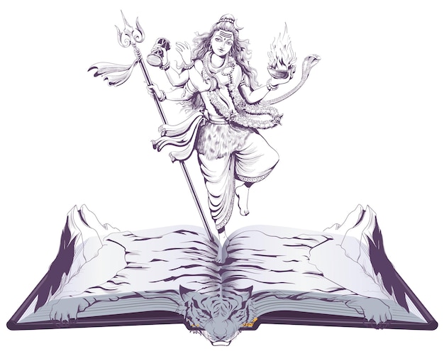 Вектор Индийский многорукий бог шива танцует на коже тигра открытая книга иллюстрация религия