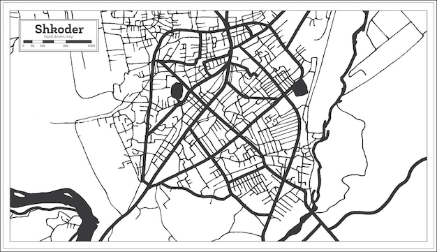 Shkoder albania mappa della città in bianco e nero a colori in stile retrò isolato su bianco