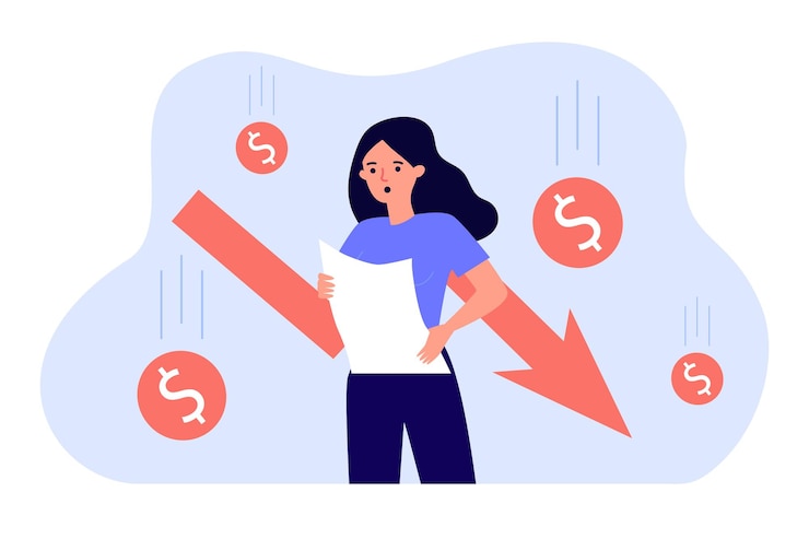 Vector shock of woman reading bad news about financial crisis. person with red arrow and falling money flat vector illustration. stock market crash down concept for banner, website design or landing web page