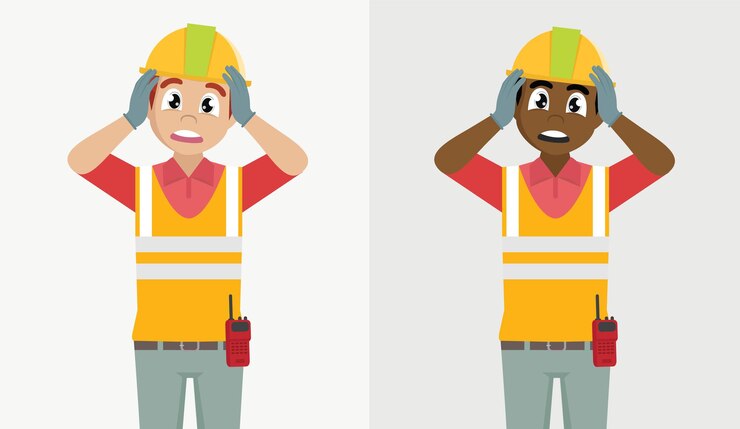 Vector shocked builder worker man is holding his hands on his head