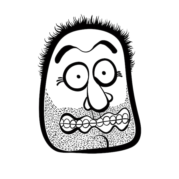 Shocked cartoon face with stubble black and white lines vector illustration