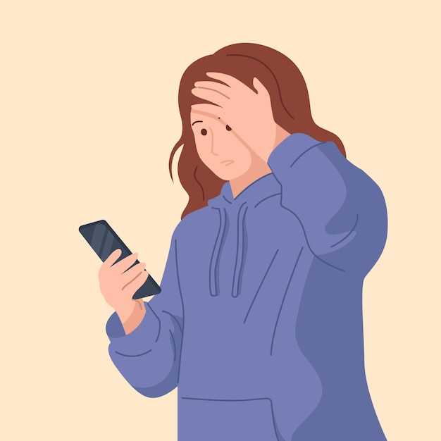 Shocked girl looks at smartphone with fear and anxiety