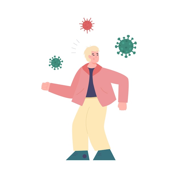 Шокированный персонаж человека, напуганный вирусами, плоская векторная иллюстрация изолированы