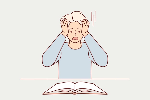 Vector shocked man reads book and tears hair out after learning scary facts from history or predictions for future frightened guy student looks into book and panics feeling inability to prepare for exams