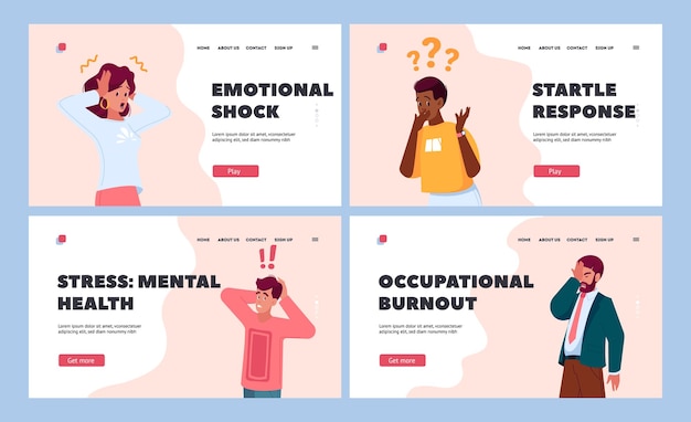 Shocked People Landing Page Template Set Young Men and Women with Open Mouths and Excited Reactions