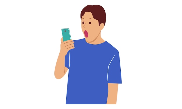 Vector shocked and surprised young man looking at smartphone