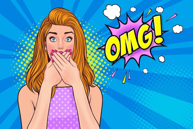 Shocked woman covered her mouth with her hands say OMG in Pop Art Comic Style