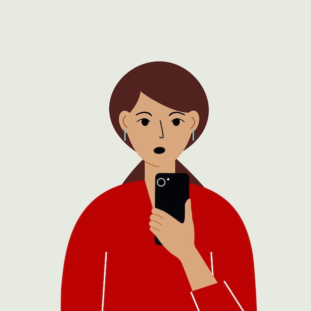 Shocked woman with mobile phone, front view. Taking pictures, reading, chatting. Smartphone and internet addiction. Vector illustration.