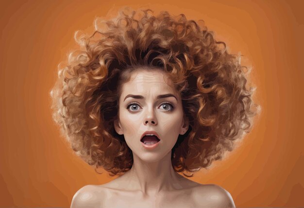 Vettore giovane donna scioccata con i capelli ricci che guarda la telecamera mentre posa contro uno sfondo marrone sorpresa