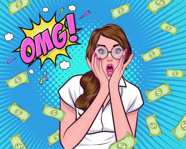 Шокирующая женщина в очках говорит OMG с закрытым ртом руками Falling Down Money Pop Art Comic Style