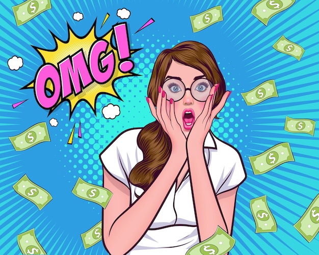 Shocking woman in glasses say omg with close mouth by hands falling down money pop art comic style