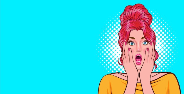 Vector shocking young woman surprised open mouth omg hands on cheeks in retro vintage pop art comic style