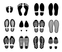 Segni o tracce della suola dello stivale dell'impronta della scarpa bambino o bambino umano impronta o passi della collezione di scarpe da donna con tacchi scarpe da ginnastica e scarponi da trekking vettore battistrada o sentieri neri