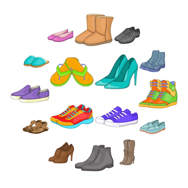 Vector shoe icons set, cartoon style