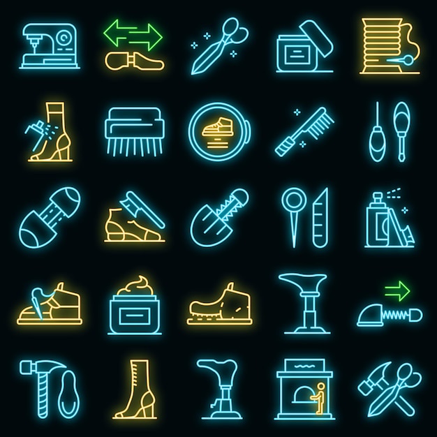 Shoe repair icons set. outline set of shoe repair vector icons neon color on black