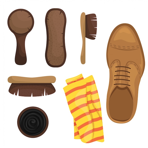 Shoe shine kit. brushes, sponges, shoe polish. illustration.