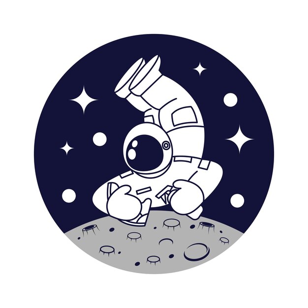 Logo del lavaggio delle scarpe astronauta che trasporta scarpe e sapone con sfondo di luna e stelle