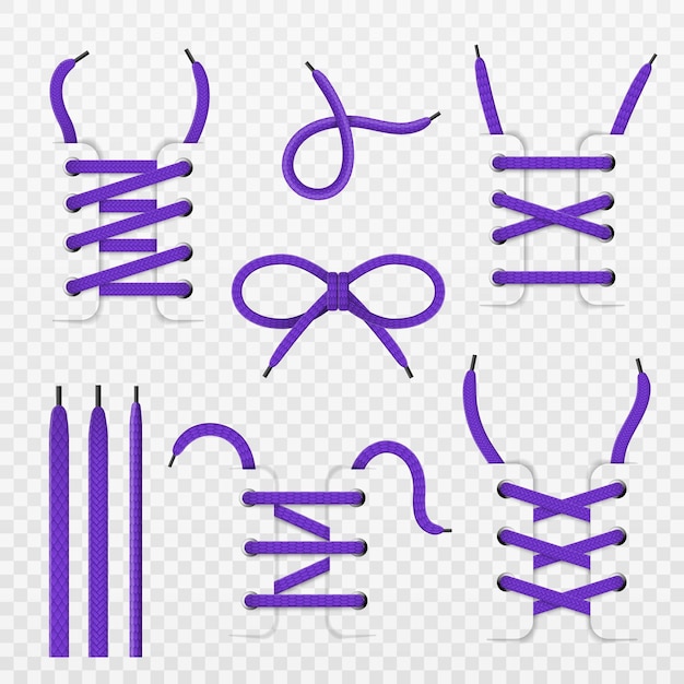 Shoelace tying Realistic footwear lacing purple tied knot shoes details with knotted ropes weaving ties various types mounting type Vector isolated on transparent background set