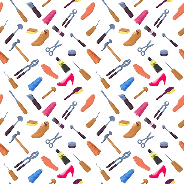 Vector shoemaker or cobbler tools set seamless pattern