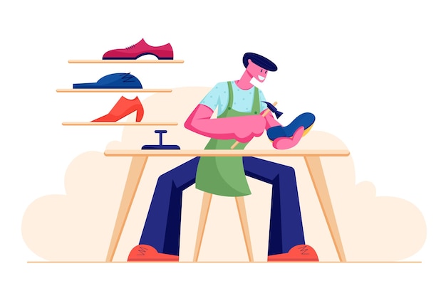 Shoemaker Male Character Wearing Apron Sitting at Workplace Desk Mending Shoe in Workshop with Footwear Stand on Shelves