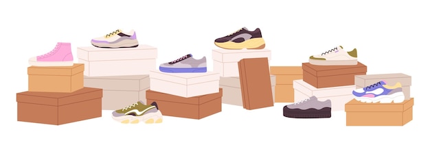 shoes and boxes sneakers packing craft stylish box and casual boots retail presentation footwear collection advertising racy vector scene