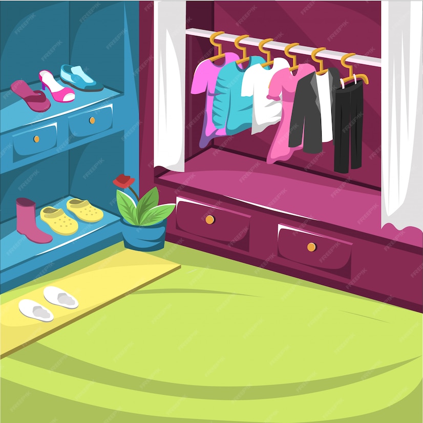 Premium Vector | Shoes cupboard and drees room with hanger jacket