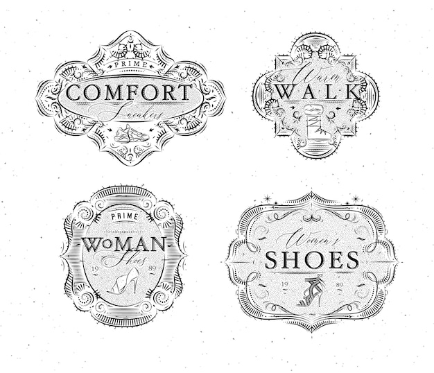 Вектор Этикетки обуви винтажные с надписями комфортные кроссовки теплая ходьба женщина обувь рисунок в ретро