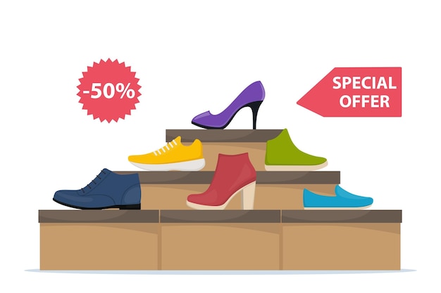 Shoes sale in store Shoe boxes with footwear Stylish modern sneakers woman high heel shoes