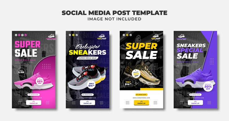 Vector shoes and sneakers social media instagram story, flyer and banner template