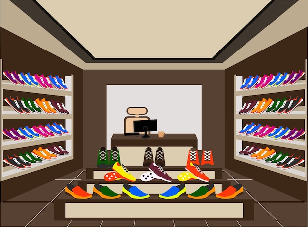 Vettore scarpe in negozio, illustrazione vettoriale di design