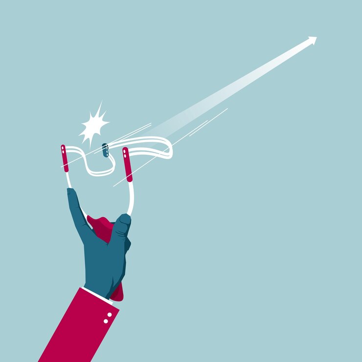 Vector shoot with a slingshot. isolated on blue background.