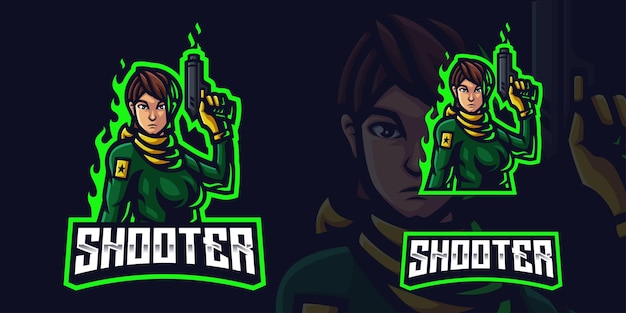 Modello di logo di gioco della mascotte della pistola della tenuta della donna del tiratore per lo streamer di esports facebook youtube