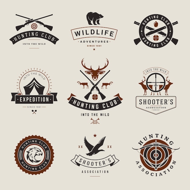 射撃と狩猟のビンテージクラブのベクトルのロゴのセット