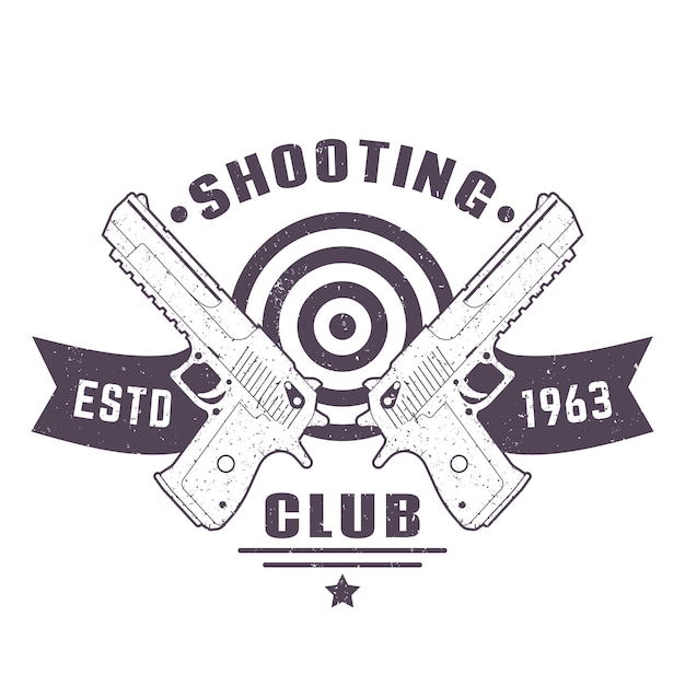 Logo del club di tiro, emblema vintage, segno con due pistole, illustrazione vettoriale