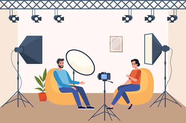 Shooting interview in professional studio Soft box light camera spotlight