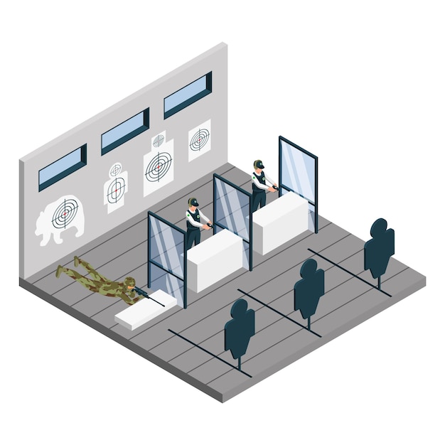 Shooting range isometric colored composition room with targets guns and shooters of different types vector illustration