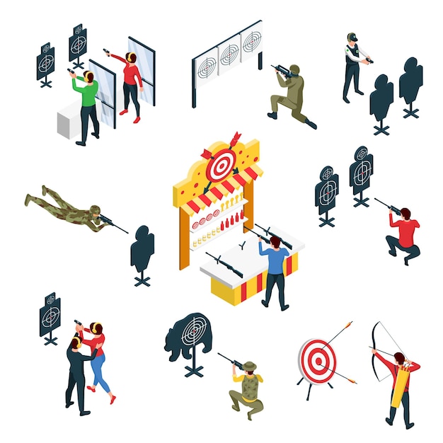 Shooting range isometric icon set different targets in the form of human figures and round shooters professionals and amateurs vector illustration