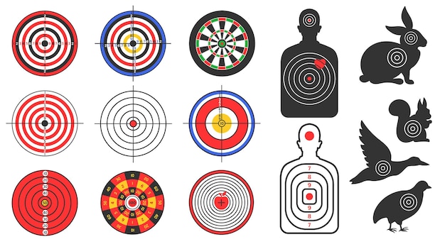 Shooting range target Human and animals silhouette targets with bullet shoot ranking marks and rings vector set