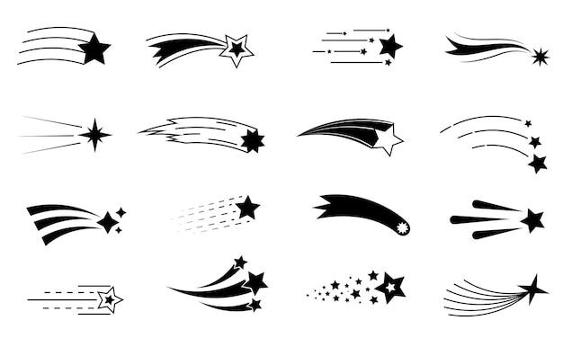 Vector shooting star icon black silhouette symbol of flying meteor with trail abstract fantasy comet night sky falling asteroid concept isolated meteorite motion vector firework or space elements set